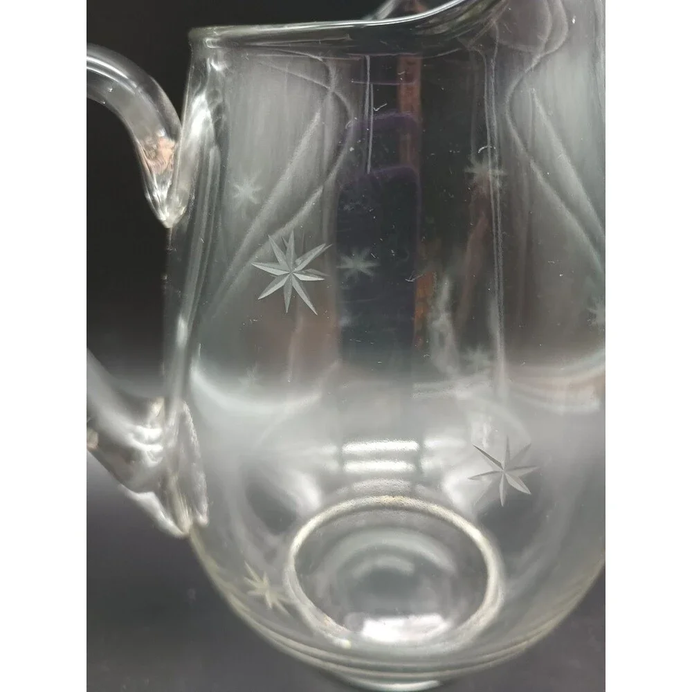 Vtg Atomic Star Burst Etched Glass Pitcher Ice Lip Mcm Star Dust